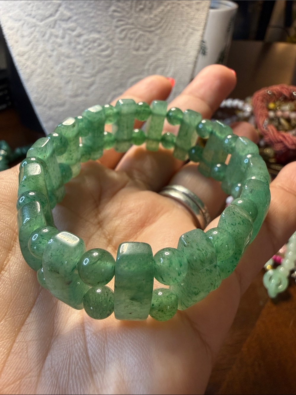 Green Jade Beaded Stretch Bracelet - Unbranded